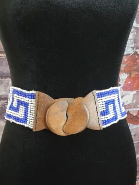 Artisan Crafted Beaded Stretch Belt With Wooden Buckle